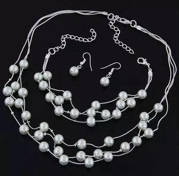 Wholesale 3pcs/pack Fashionable Sweet Pearl Multi-layered Temperament Necklace Earrings Bracelet Set